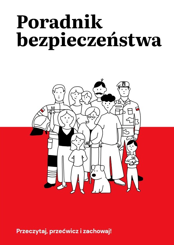 Na biało-czerwonym tle grafika grupy ludzi. Na górze czarny napis 